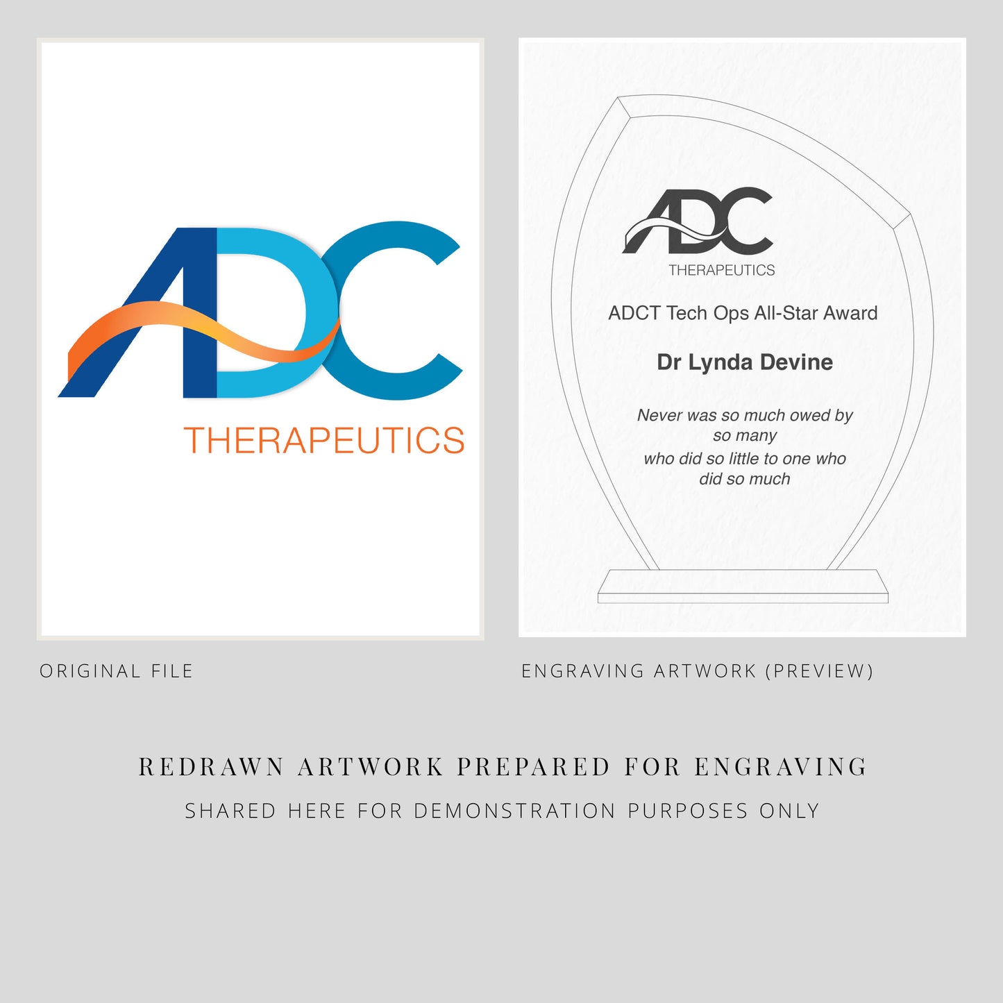 Business Logo and artwork prepared for award engraving on a gray background