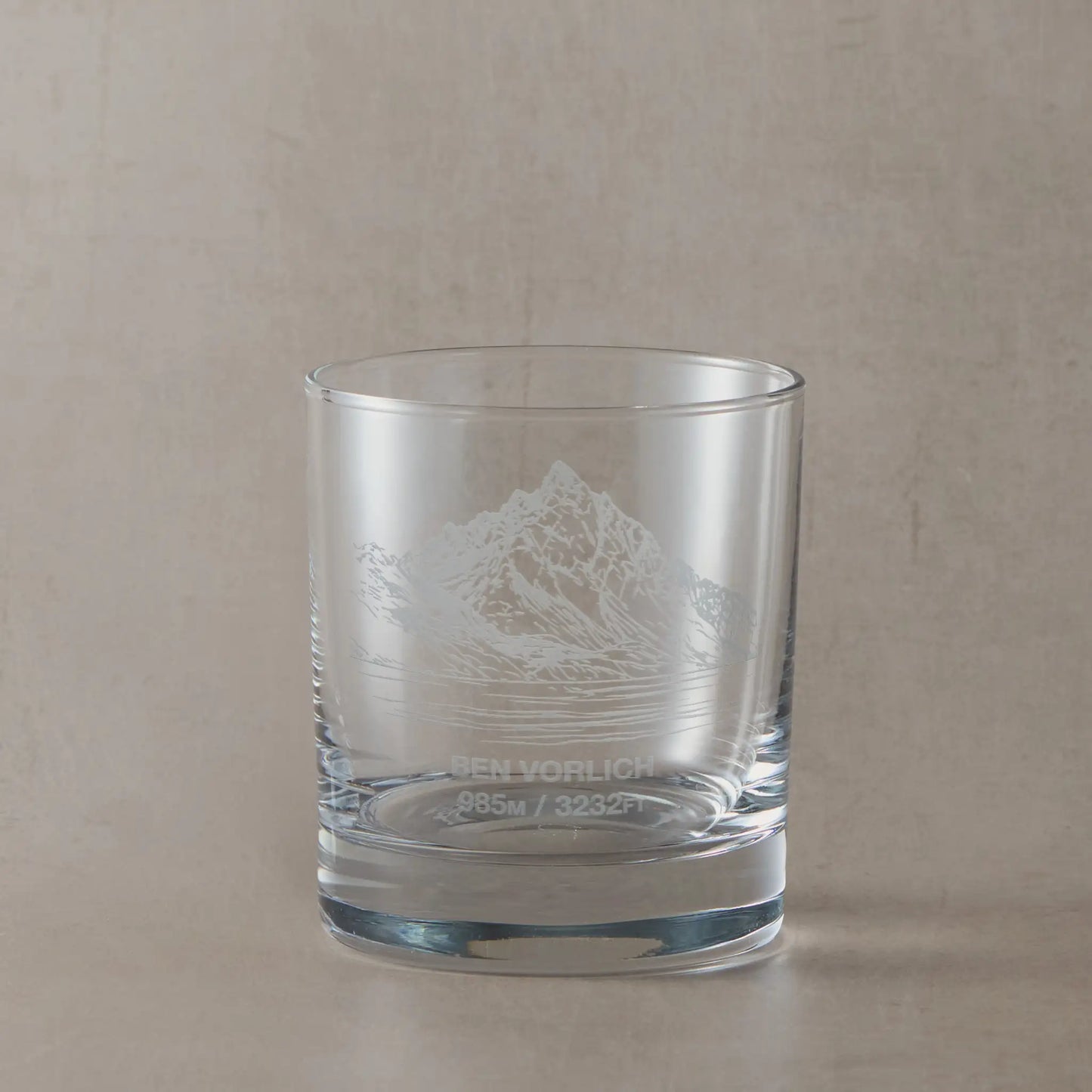 Engraved whisky glass with detailed image of Ben Vorlich (Loch Earn) and summit height in metres and feet