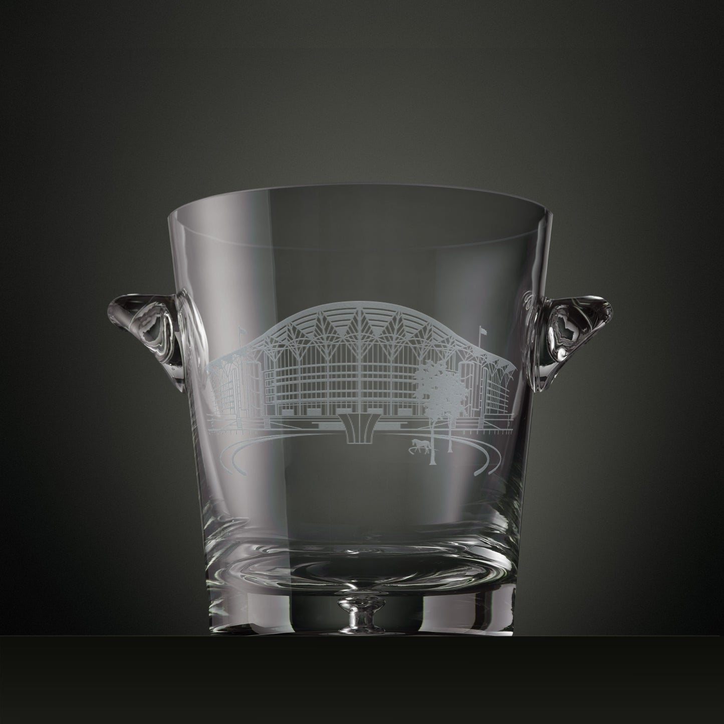 Engraved champagne cooler with an architectural illustration of Ascot grandstand and parade ring