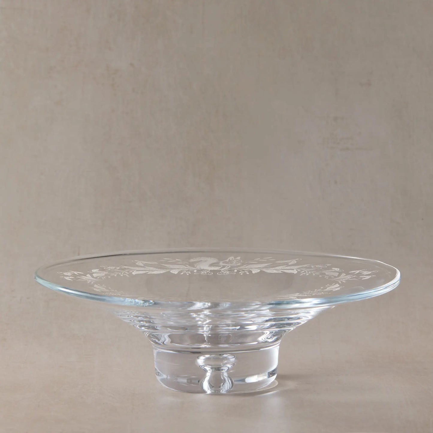 Engraved glass shallow presentation bowl with floral and British mammal illustration
