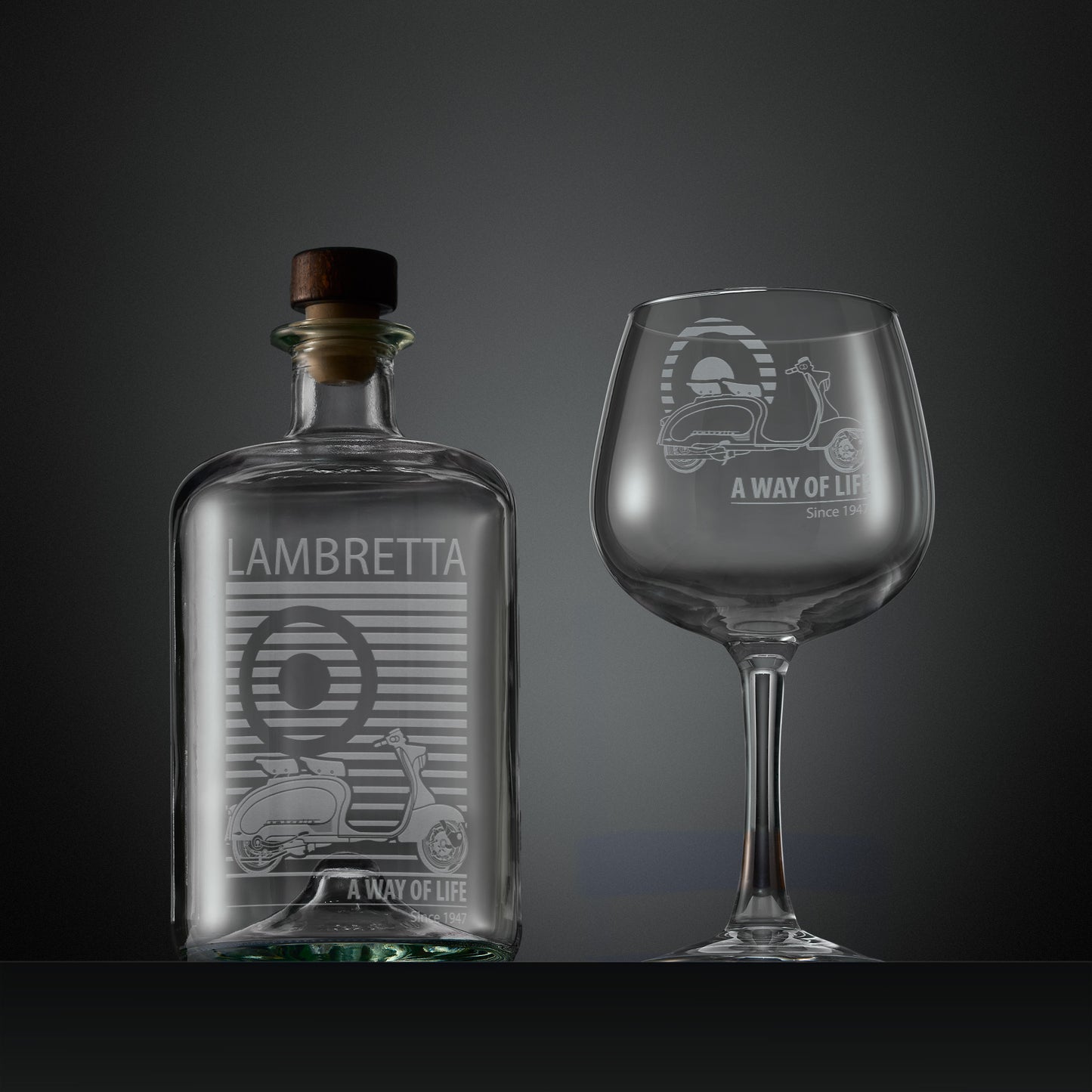Engraved apothecary style decanter and gin glass with a Series 1 Lambretta Li125 scooter, MOD target design and text