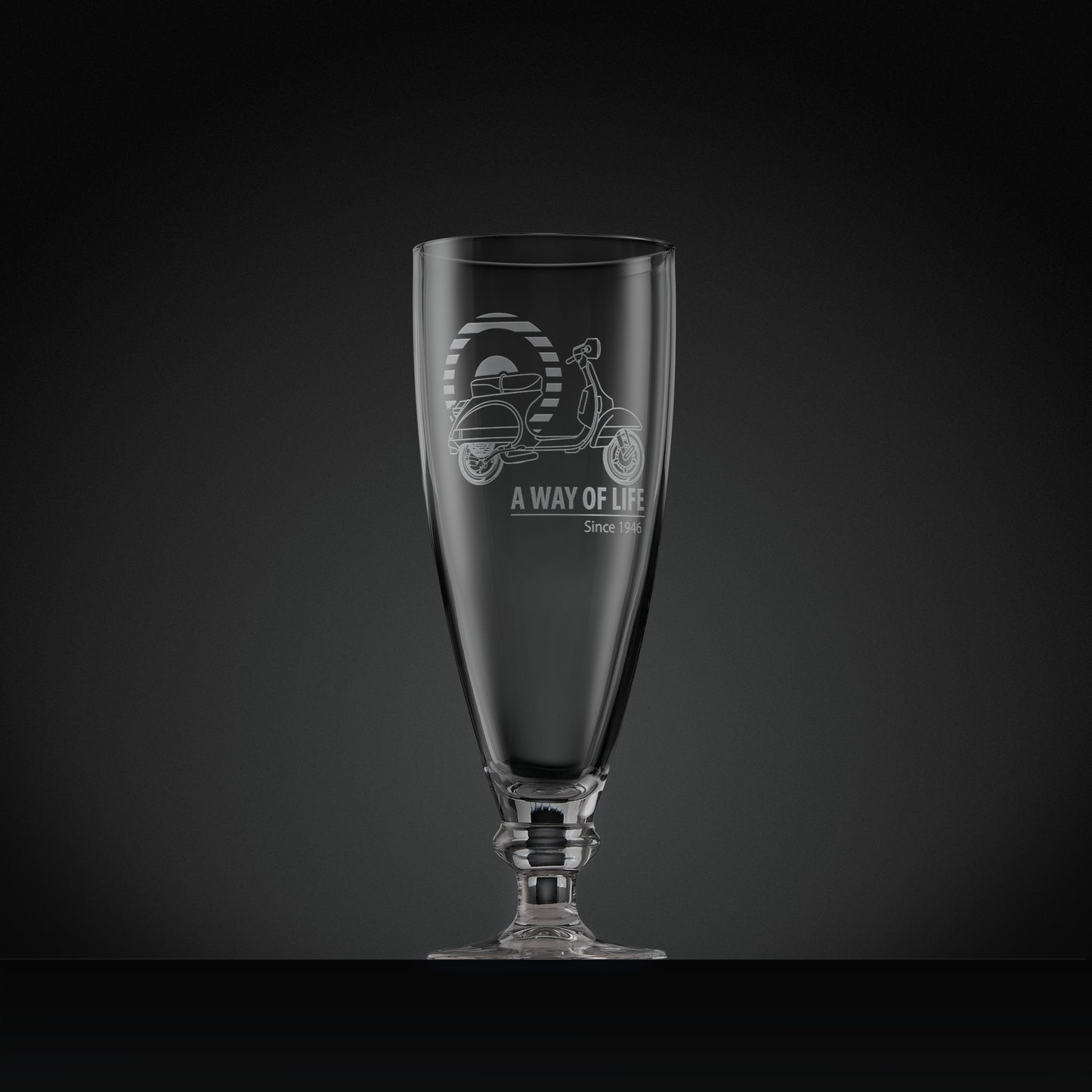 Stemmed beer glass engraved with Vespa PX scooter and Mod target