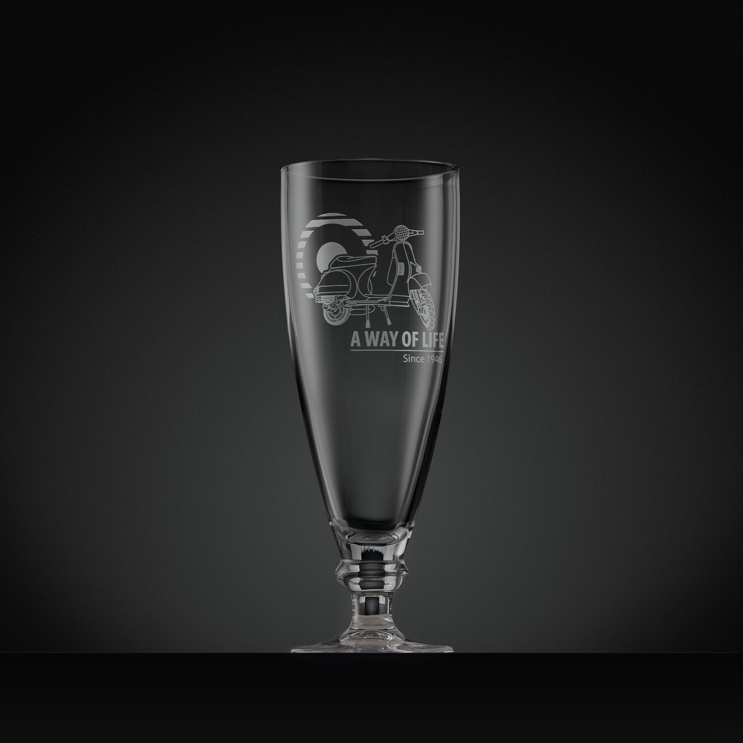 Stemmed beer glass engraved with Vespa T5 scooter and Mod target,