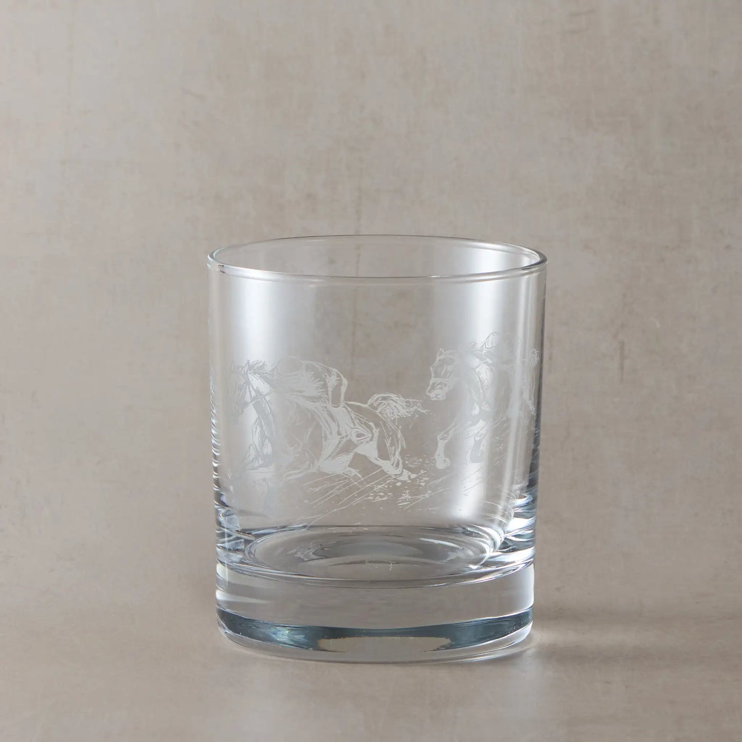 Horse whisky glass engraved with an illustration of two Jockeys racing the final furlong