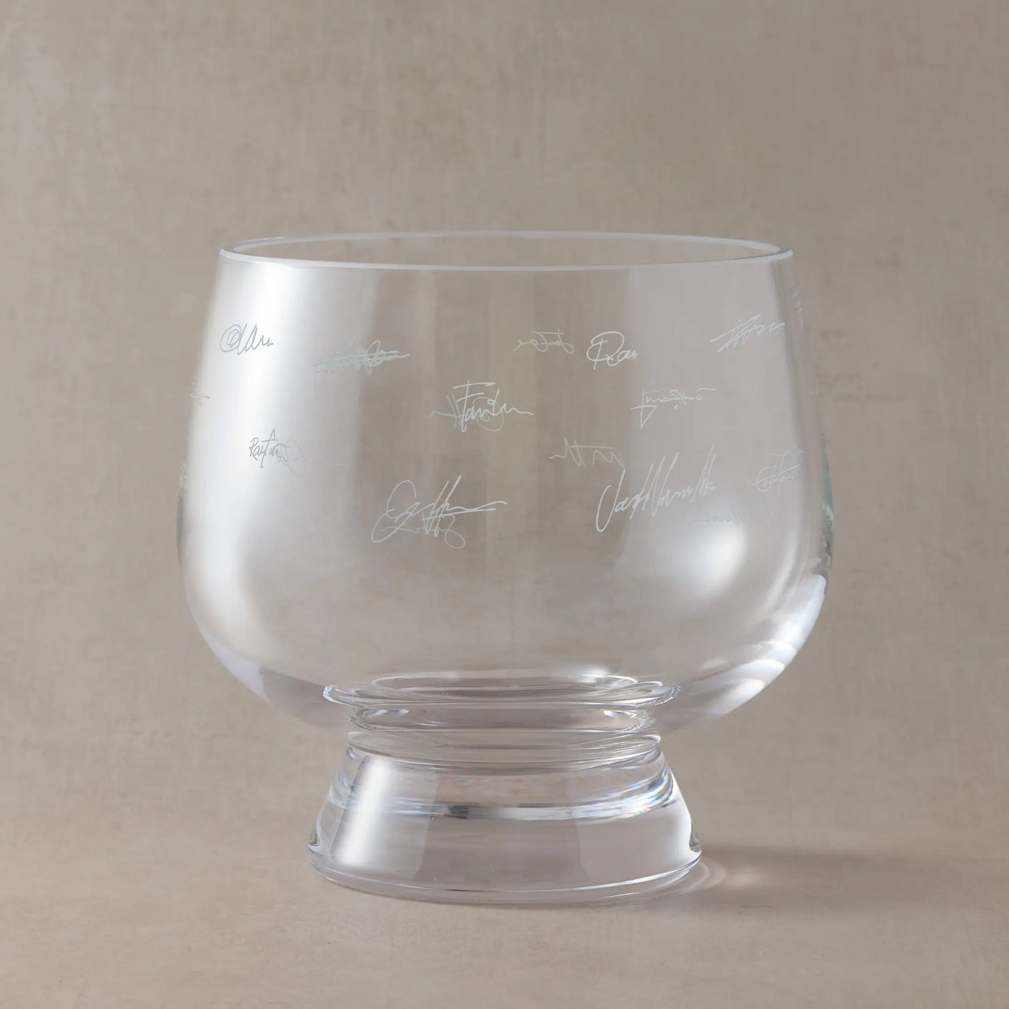 Engraved presentation bowl with real handwritten signatures, carefully arranged around the glass to create a lasting record of a team, milestone, or farewell gift.