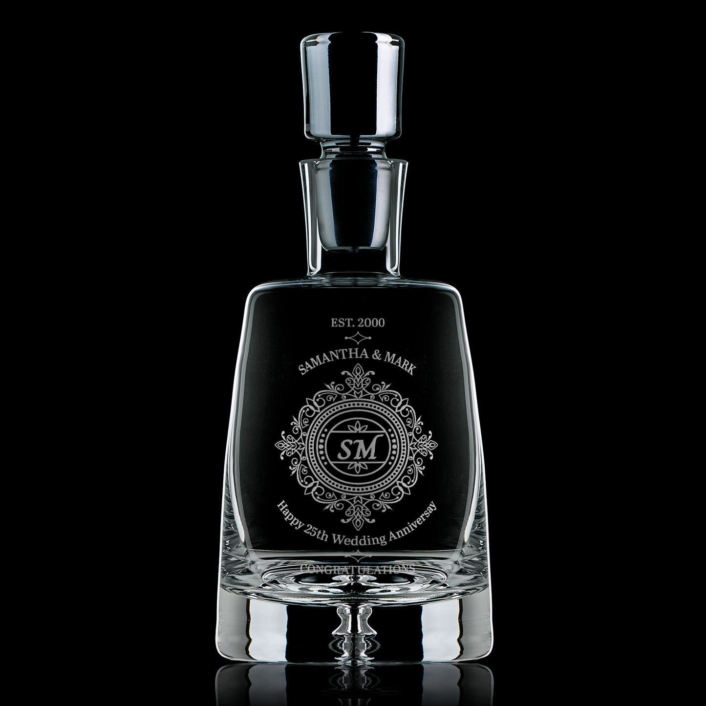 Luxury personalised glass decanter with hand-engraved lace design for anniversary gift
