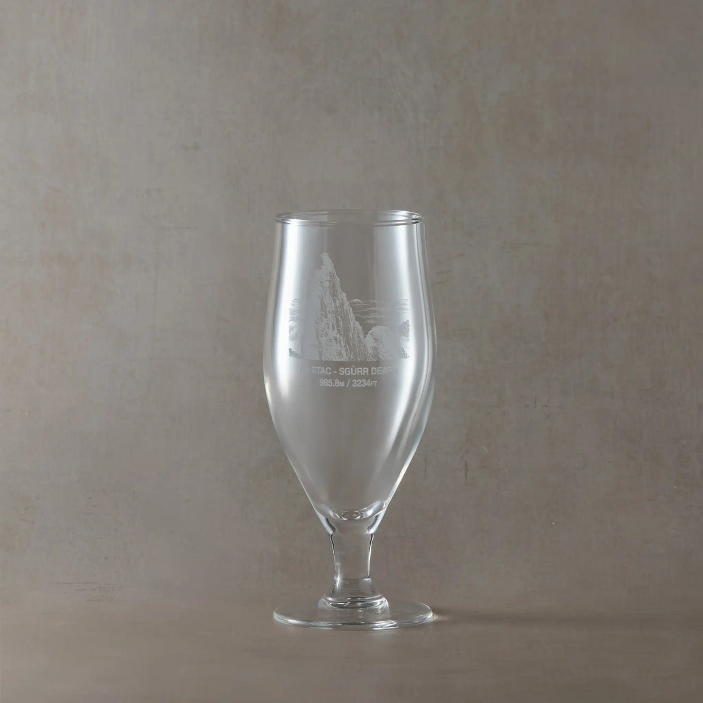 Small chalice-style beer glass engraved with the Inaccessible Pinnacle on Sgurr Dearg, Isle of Skye