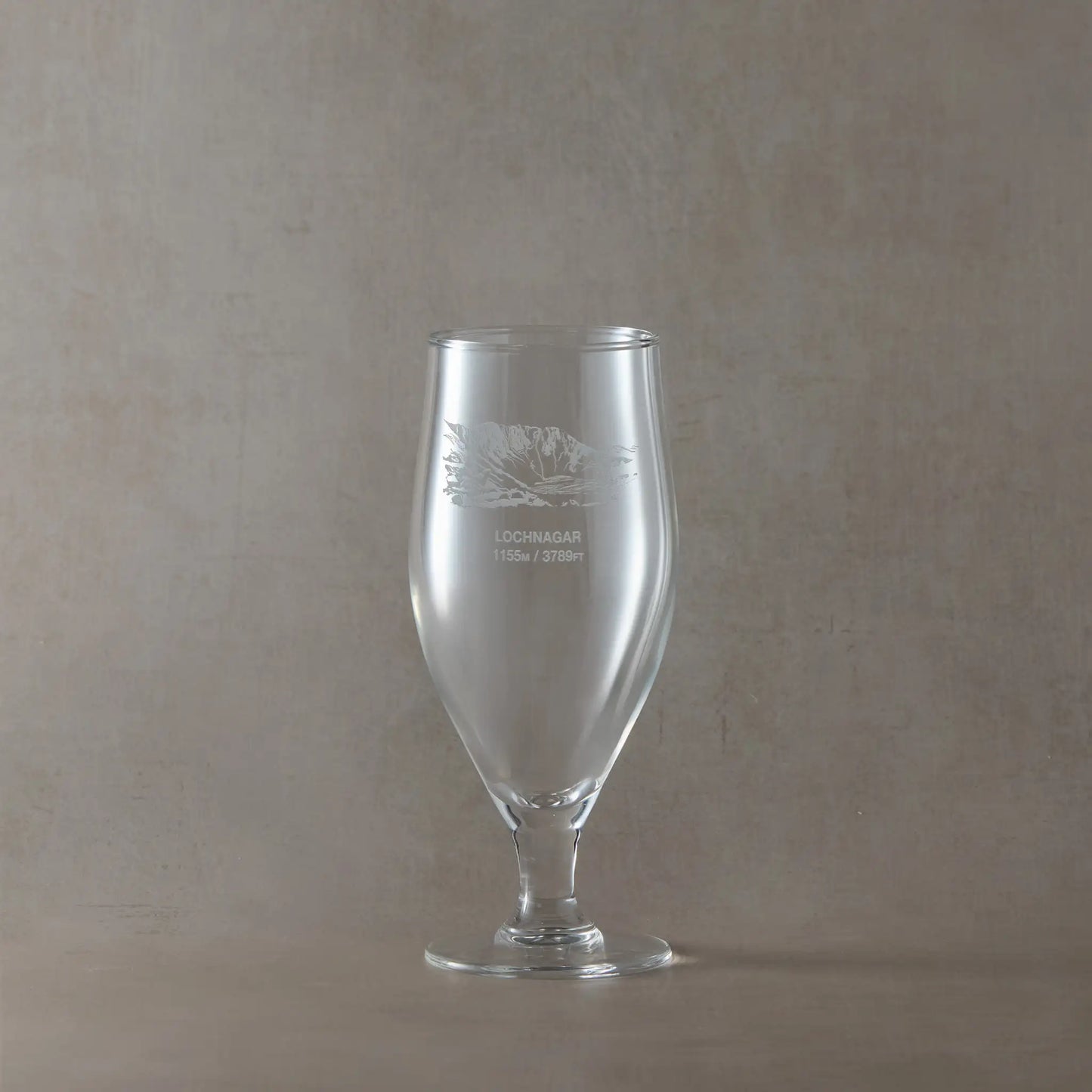 Chalice beer glass engraved with North Corrie, Lochnagar and its height in metres and feet