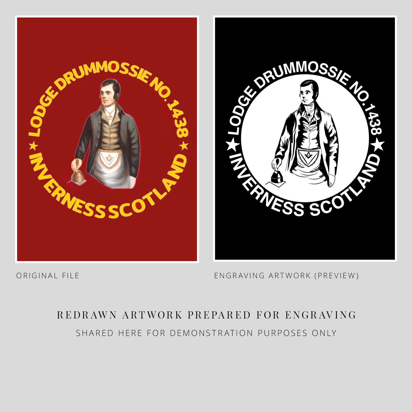 Two versions of a masonic lodge emblem with text and a portrait of Robert burns, one in color and one in black and white.