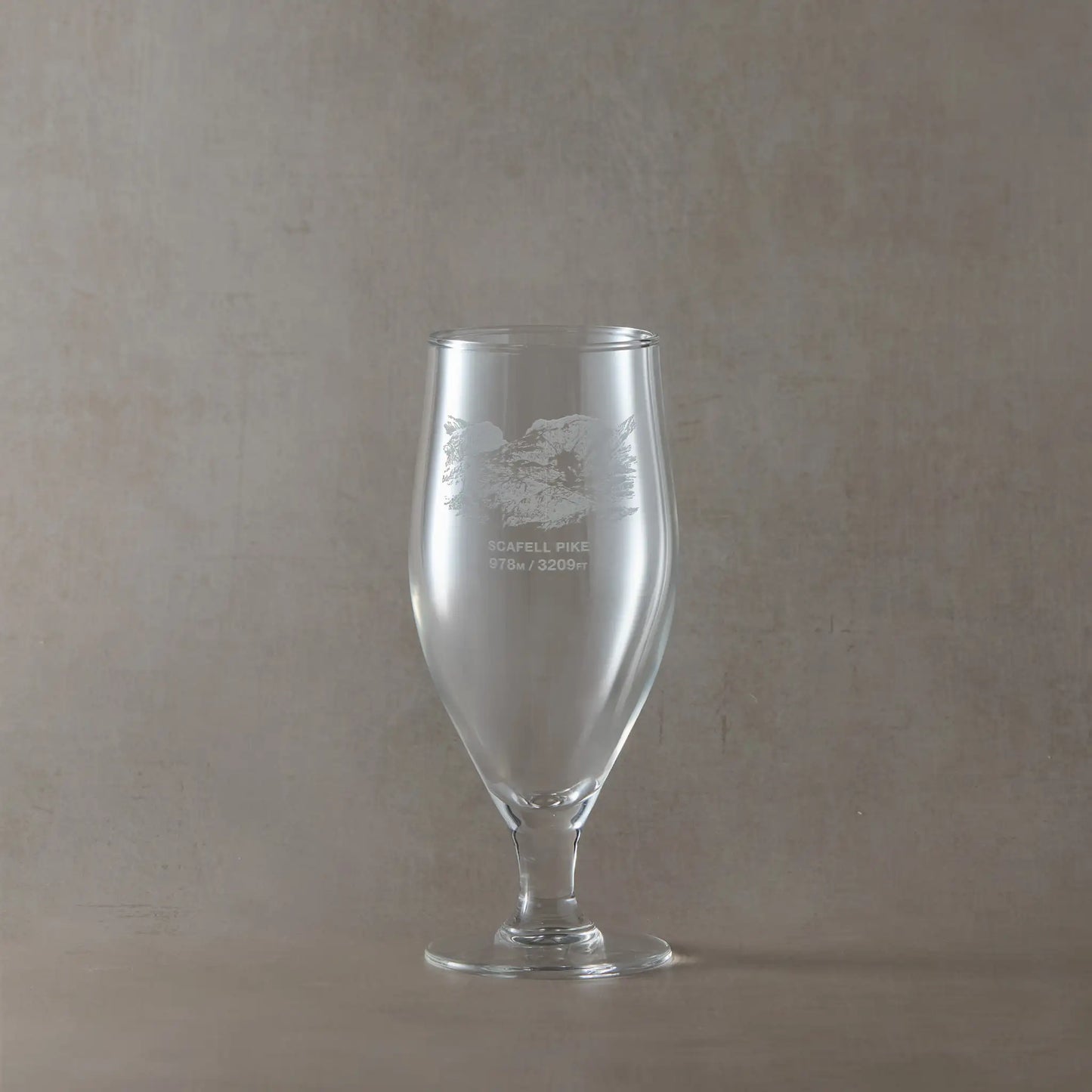 Chalice style stemmed beer glass engraved with Scafell Pike and its height in metres and feet