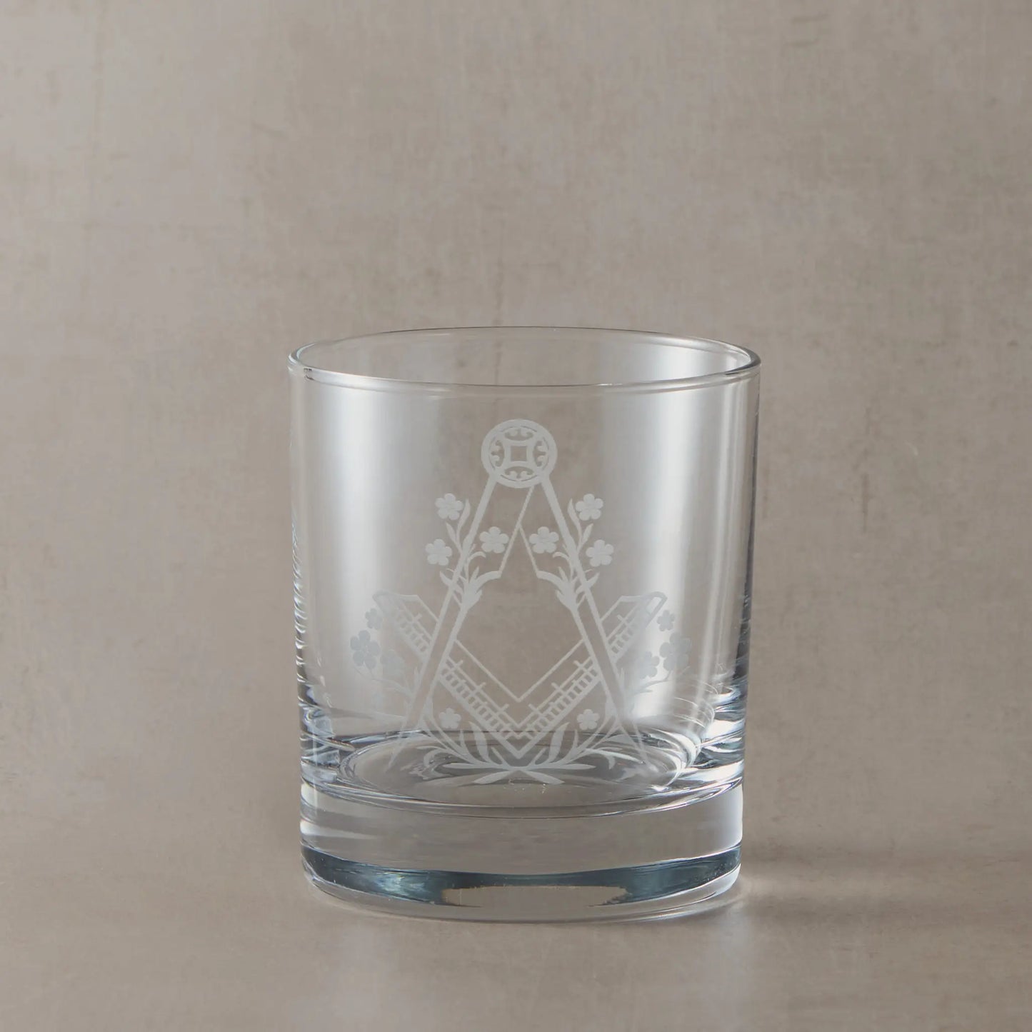 Engraved Masonic whisky glass with Square & Compass and Forget-Me-Not symbol.