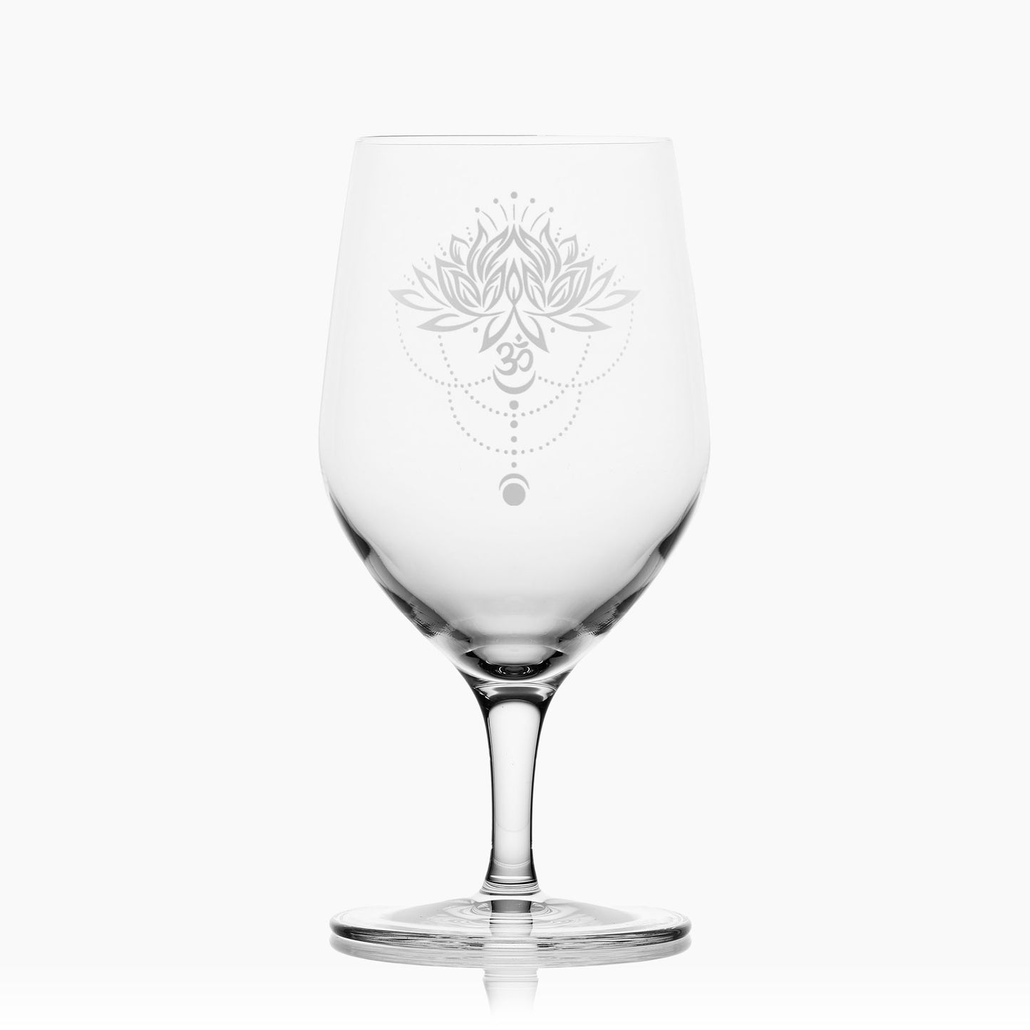 Yoga mineral water glass engraved with lotus flower, Om symbol, and moon phases