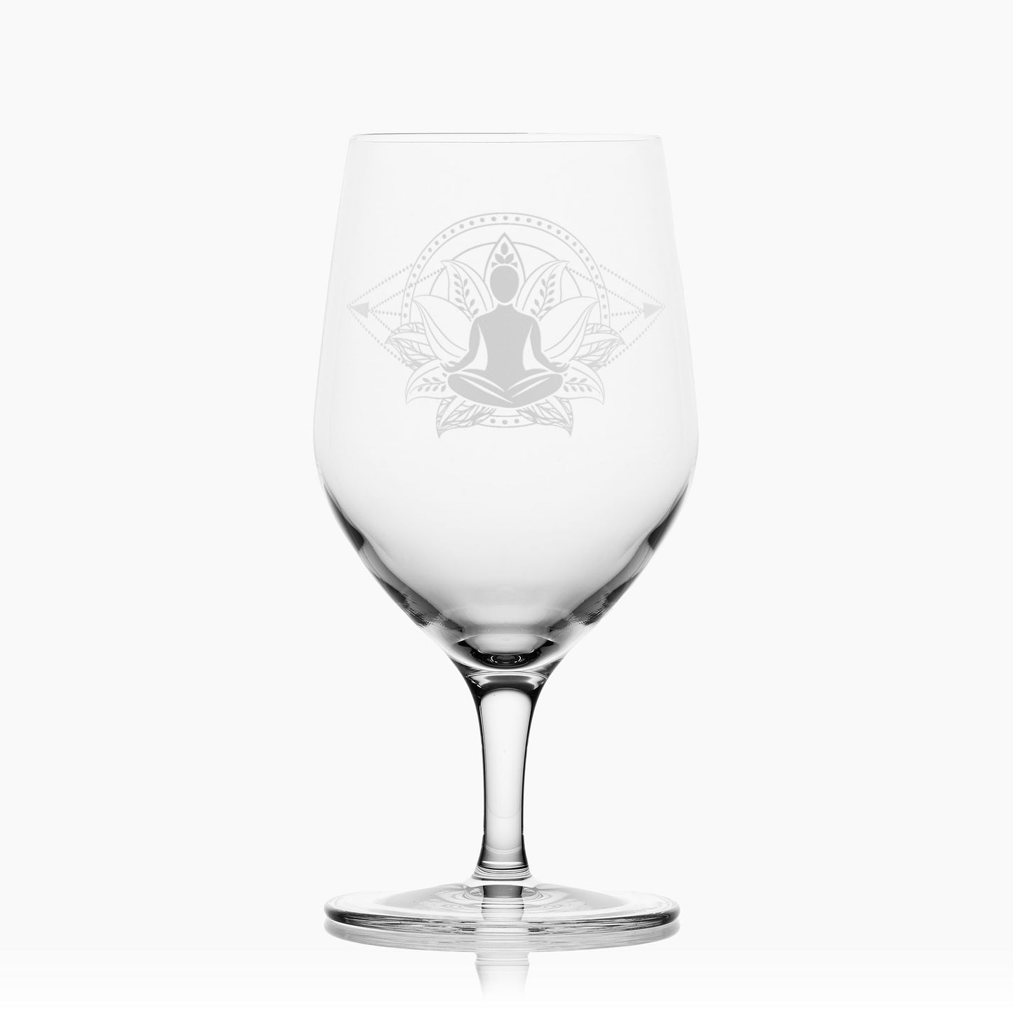 Lotus flower engraved stemmed mineral water glass, with male Suhasana pose and mandala