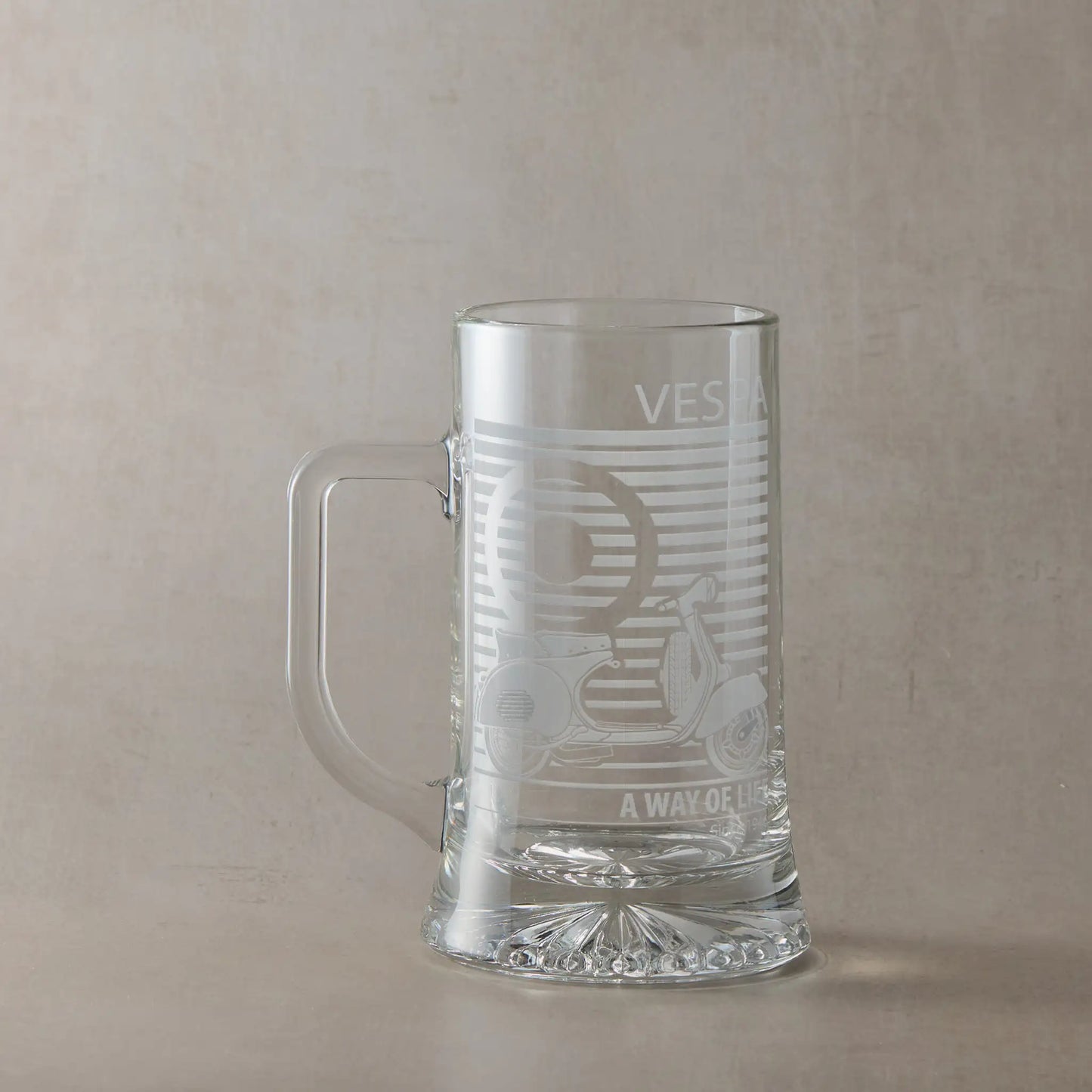 Vespa GS150 scooter engraved tankard with handle left, photographed on neutral beige background.
