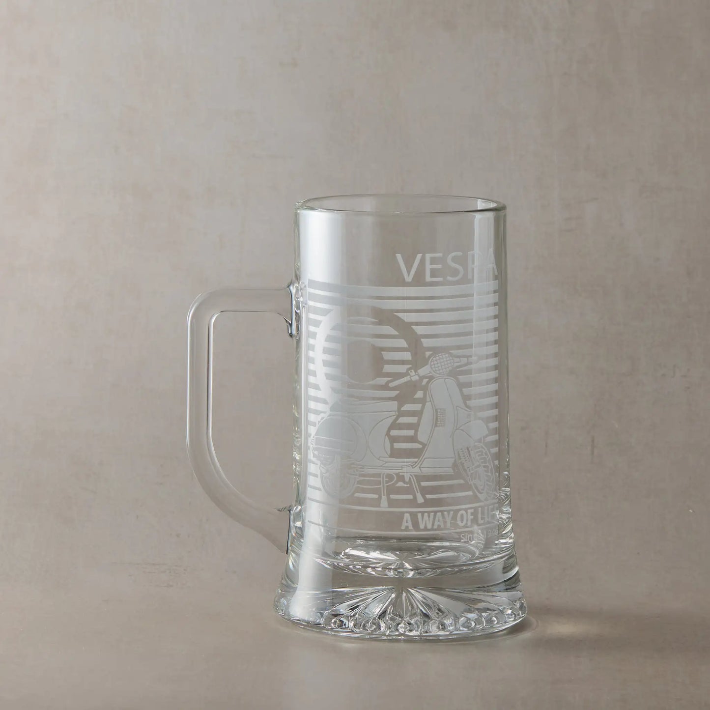 Vespa T5 Scooter engraved tankard with handle on left, photographed on neutral beige background.