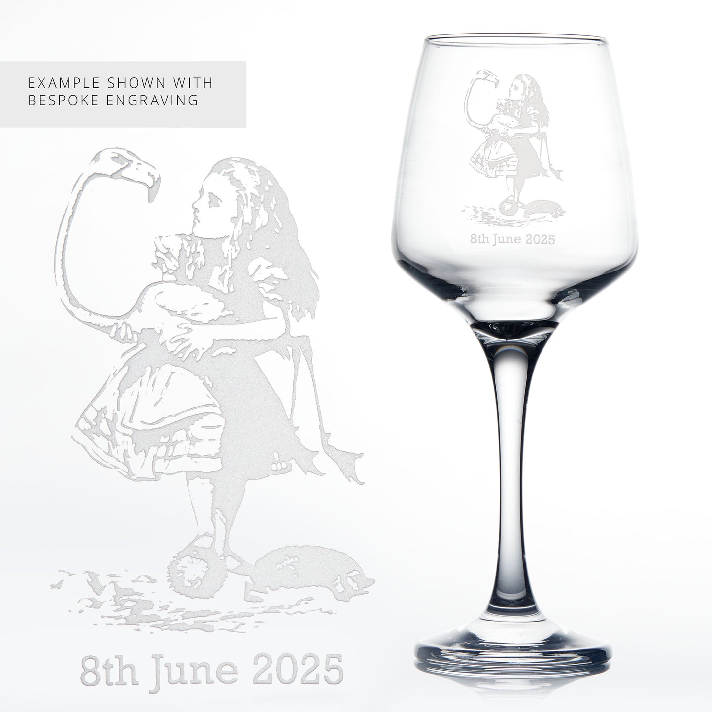 Bespoke engraved wine glass featuring Alice and the flamingo from Alice’s Adventures in Wonderland.