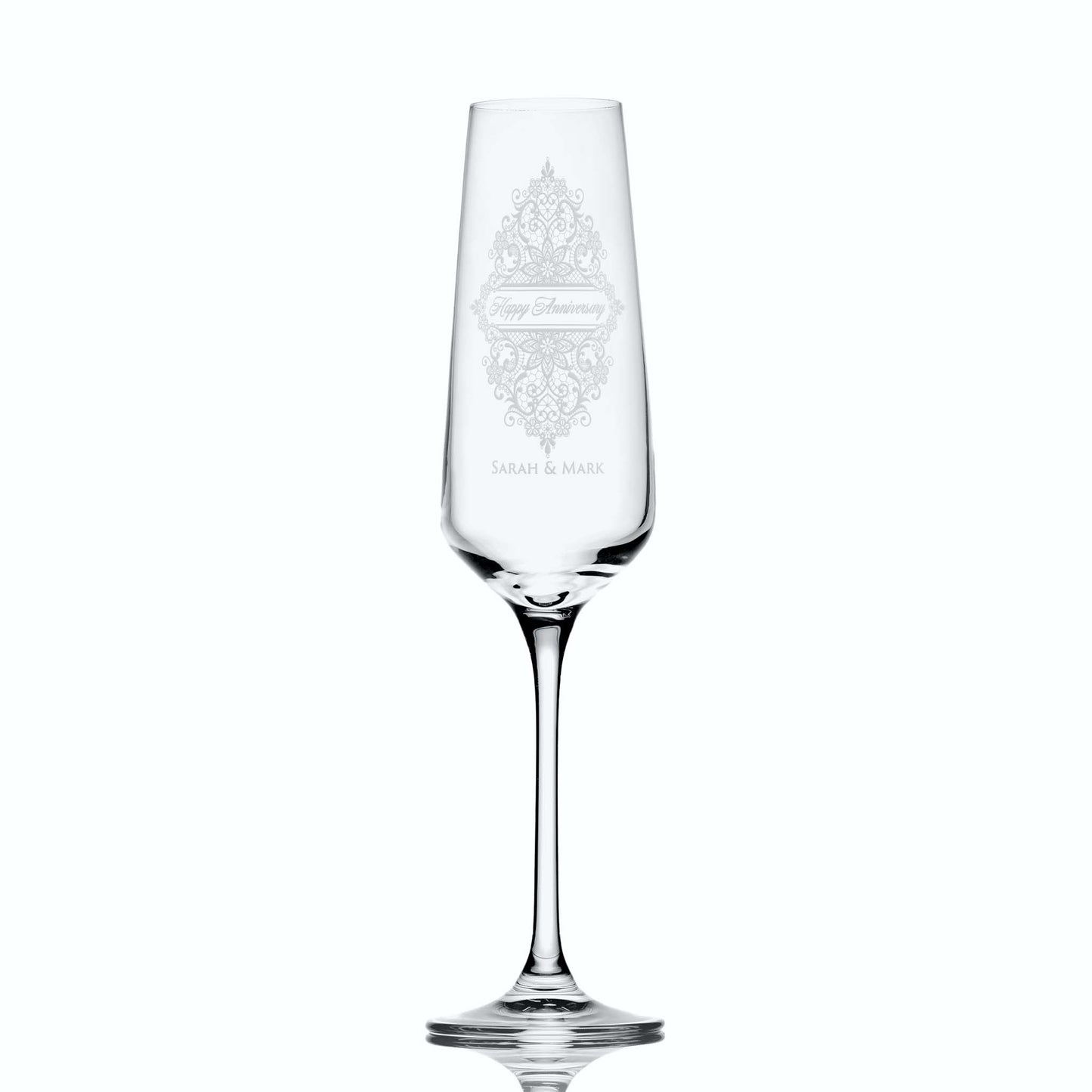 Hand-engraved anniversary champagne flute featuring a Venetian Guipure lace design.
