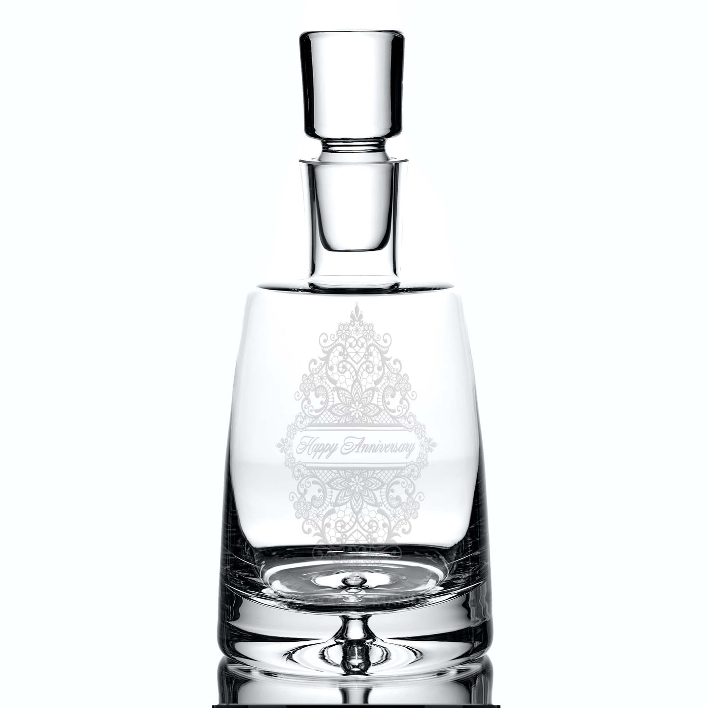Artisan glass decanter engraved with Happy Anniversary and an intricate Guipure lace motif.