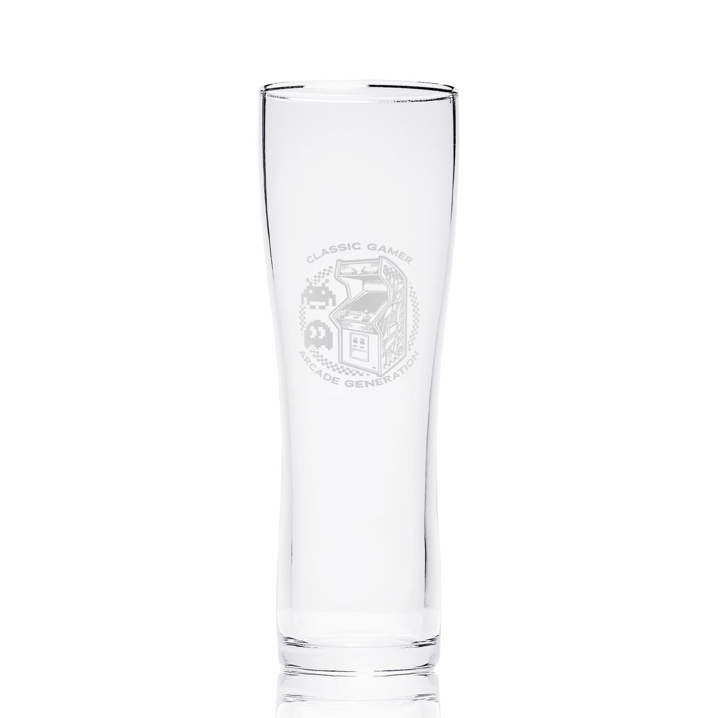 Arcade gamer pint glass featuring classic game design, shown on a white background to display the full glass shape.