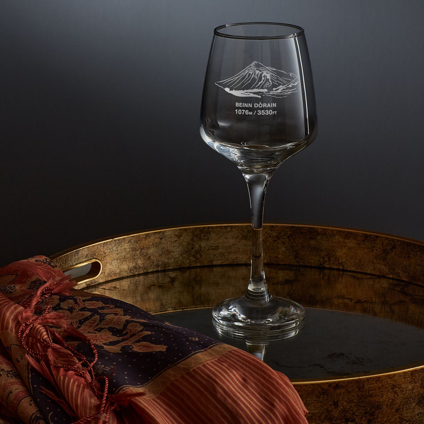 Engraved wine glass etched with mountain Beinn Dorain, a Scottish Munro
