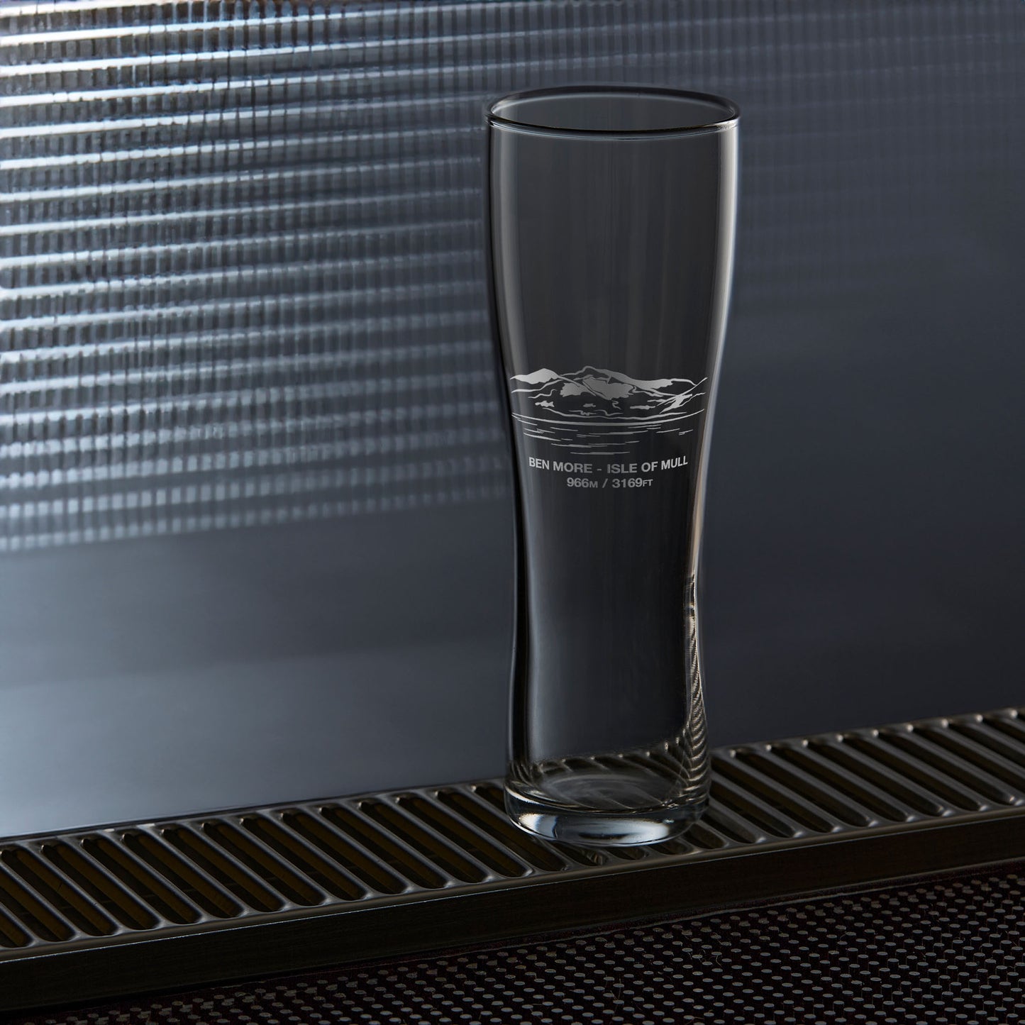 Mountain pint glass engraved with Scottish Munro Ben More on the Isle of Mull