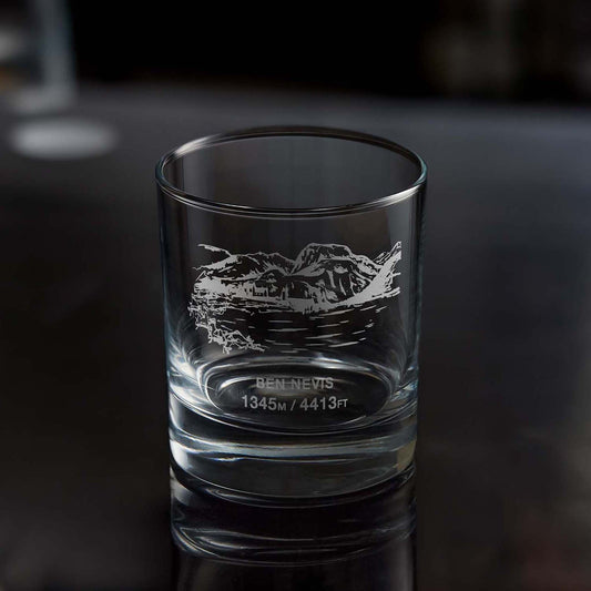 Scottish Munro whisky glass engraved with Ben Nevis and its height in feet and metres