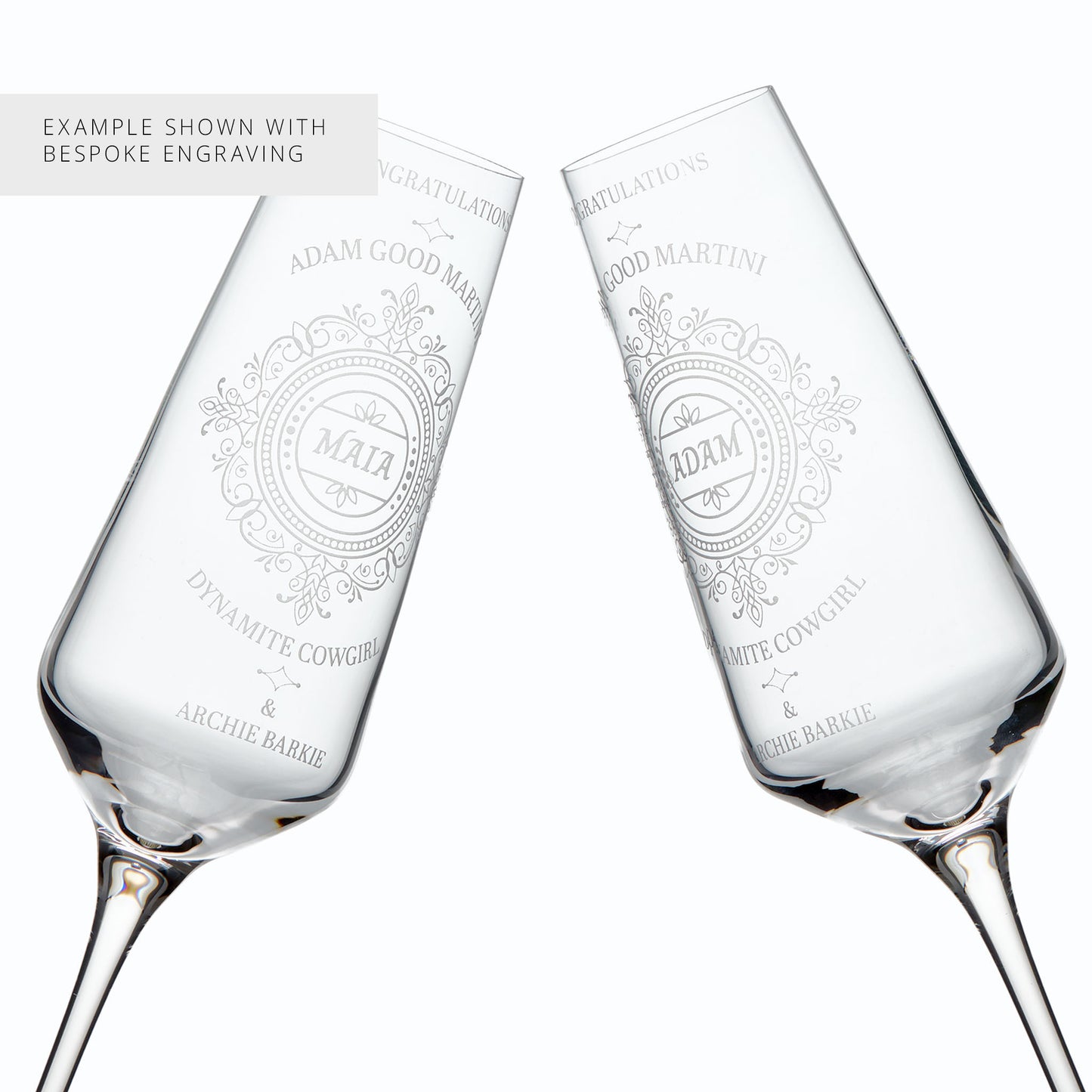 pair of bespoke engraved champagne flutes customised with couples names and personalised messages