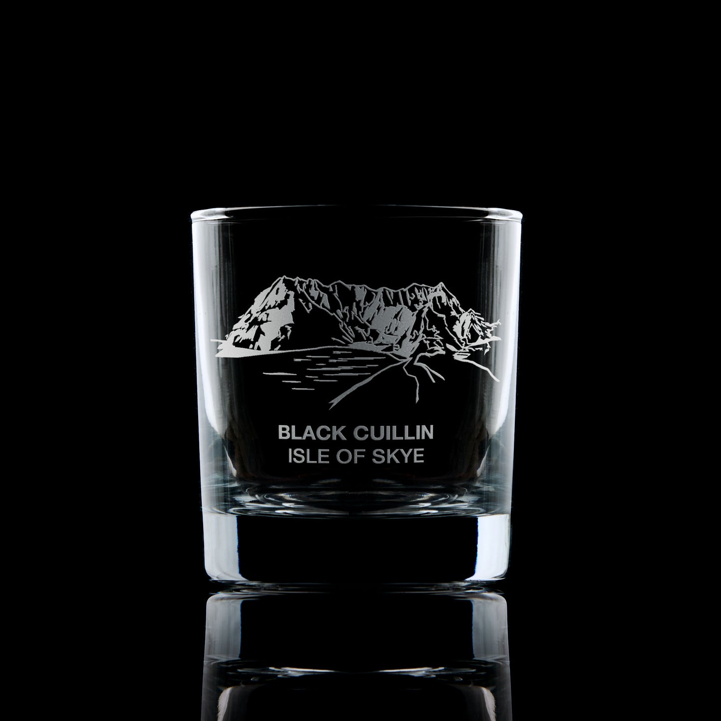 whisky tumbler engraved with black cuillin mountains on the isle of skye