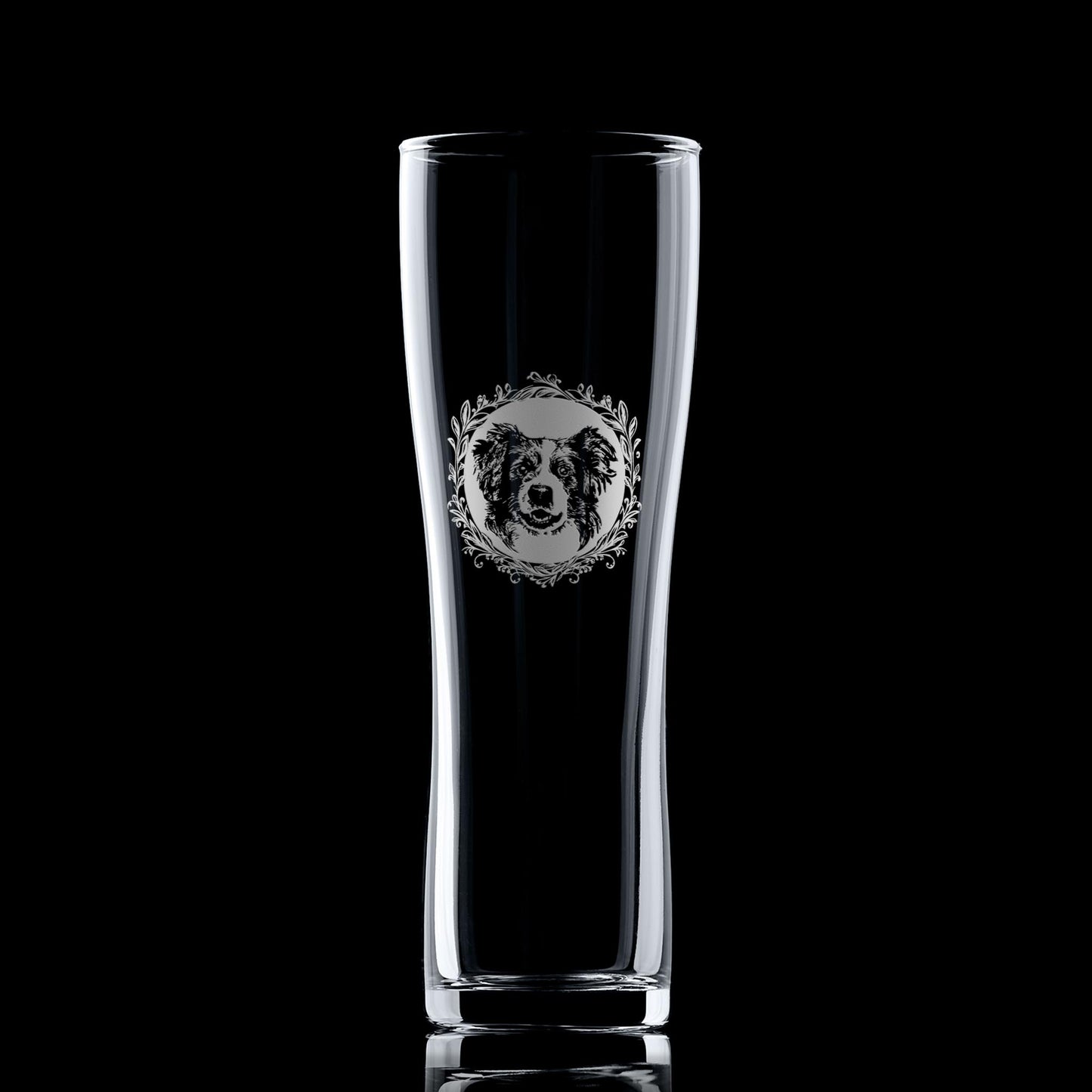 Pint Glass with engraved sheepdog portrait in leafy garland frame