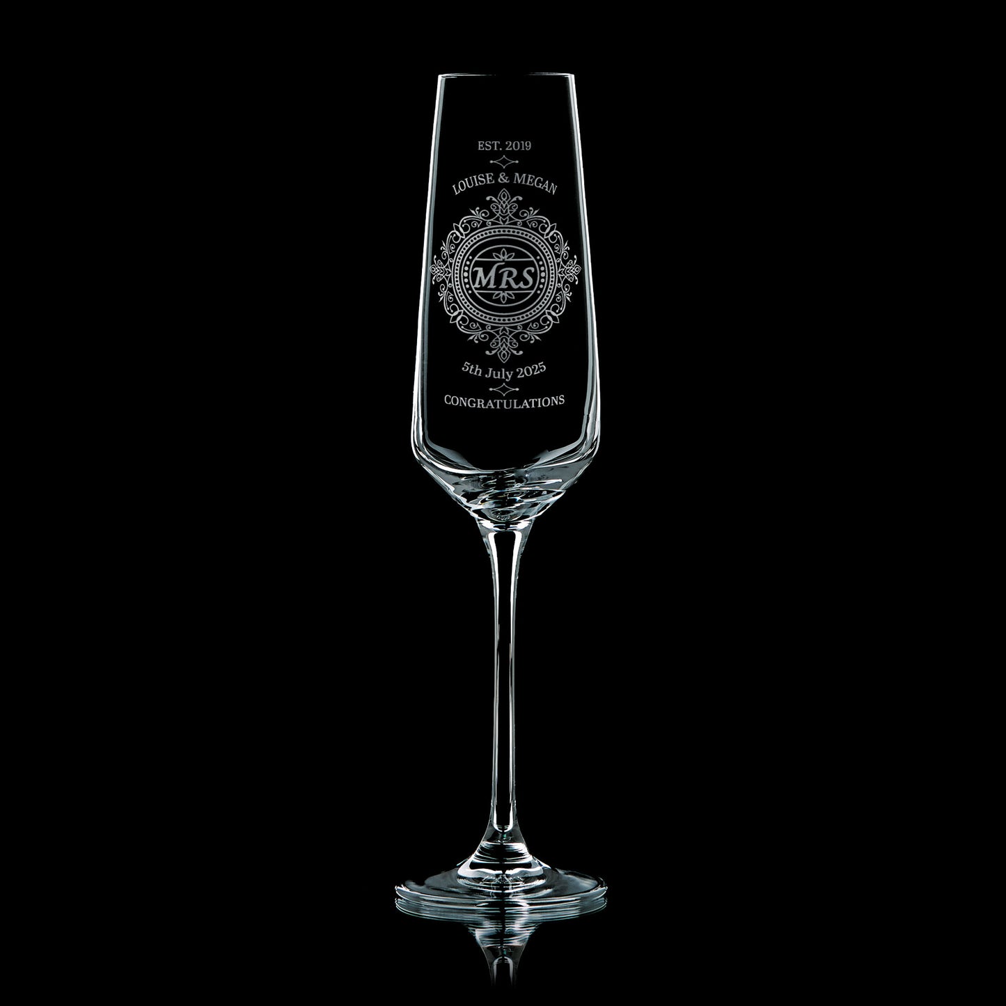 Bride’s champagne glass with elegant wedding engraving
