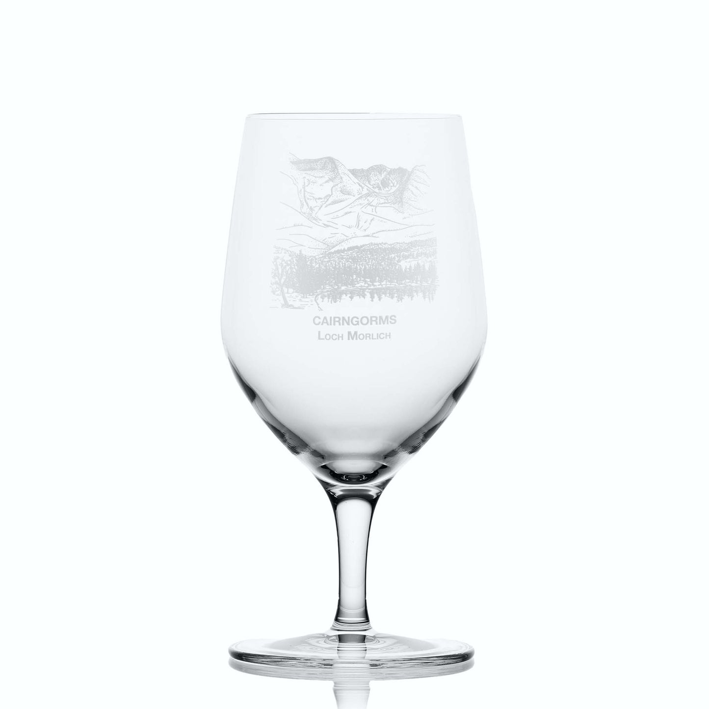 Tall 450ml mineral water glass with Cairngorms and Loch Morlich engraving, shown on white background to highlight elegant shape