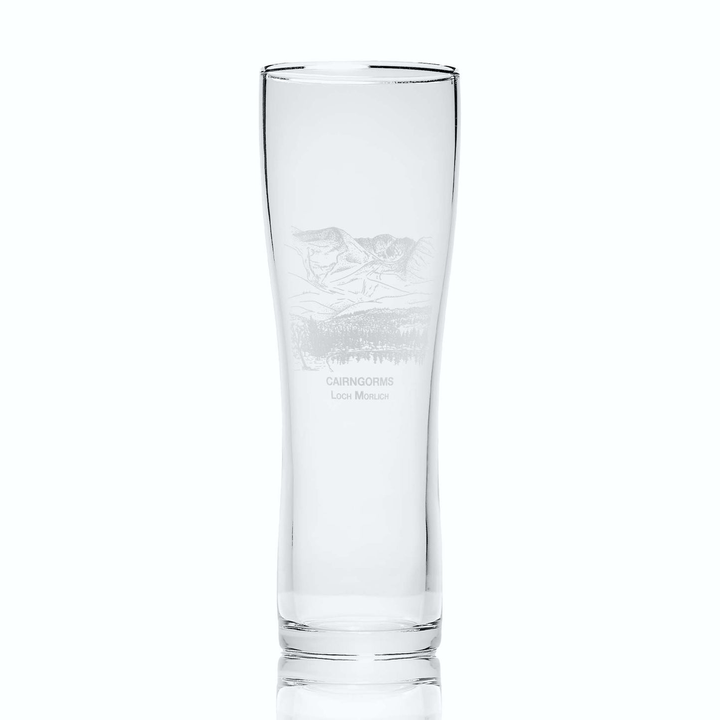 View of Cairngorms and Loch Morlich engraved pint glass, shown on white background to highlight shape and clarity