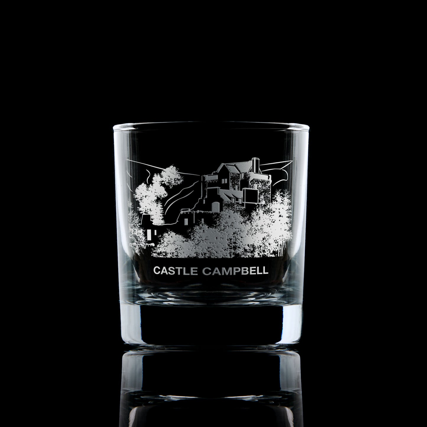 Castle Campbell, Dollar, Scotland engraved whisky glass black background