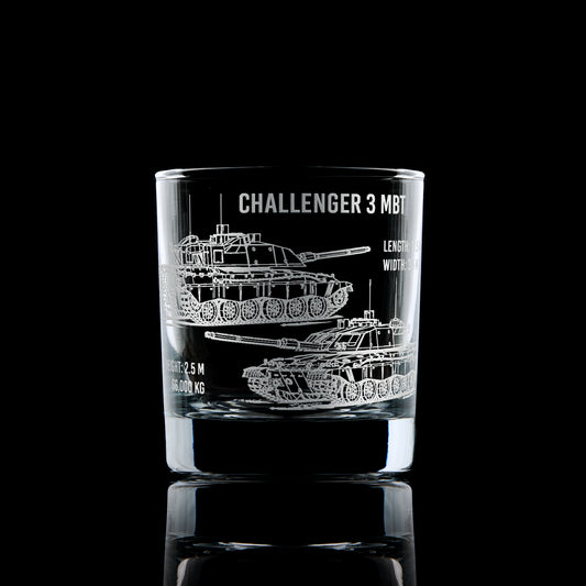 Front-facing whisky glass with detailed Challenger 3 tank engraving, shown on a black background to emphasise etched design.