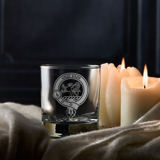 Scottish clan crest engraved on a personalised whisky glass