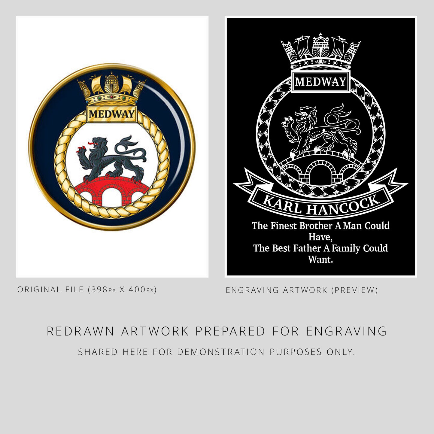 Two logos side by side with text indicating original file size and engraving artwork preview.