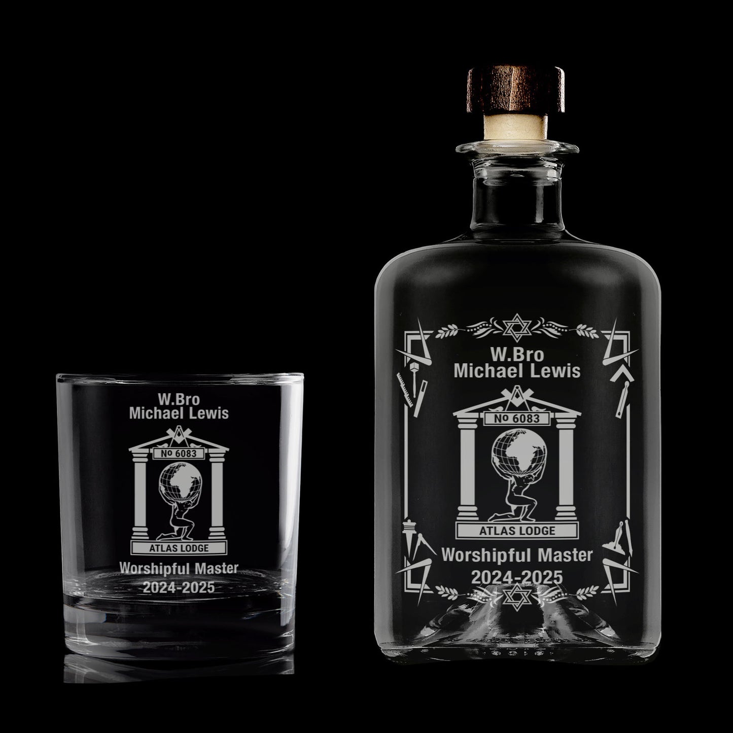 Personalised masonic decanter and whisky glass engraved with Atlas Lodge No 6083