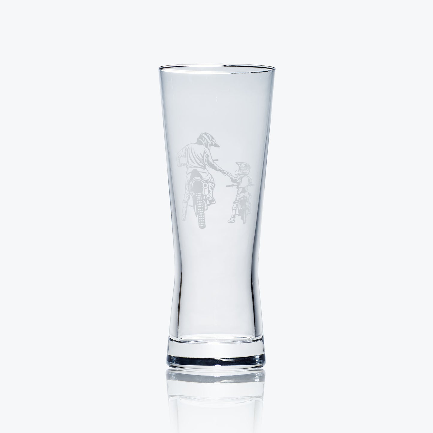 pilsner beer glass engraved with two motocross riders, best friends