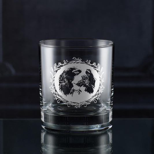 Springer spaniel whisky glass engraved with leaves and space for personalised message