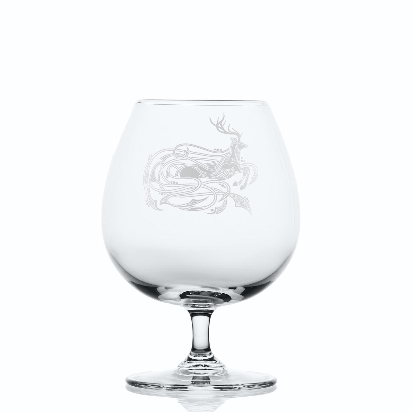 Scottish Celtic stag engraving on brandy glass with translucent satin finish.