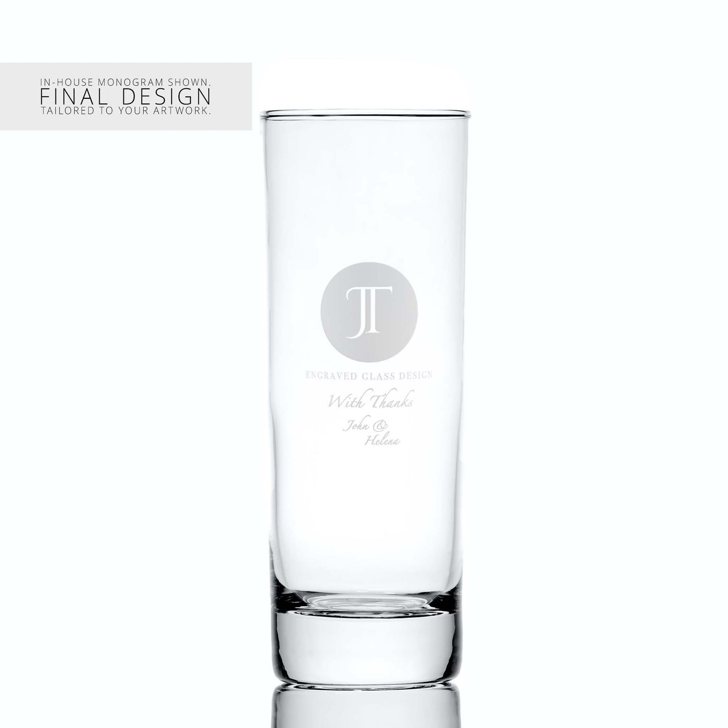 Slim cocktail glass with a corporate logo and a personalised engraved message on a white background