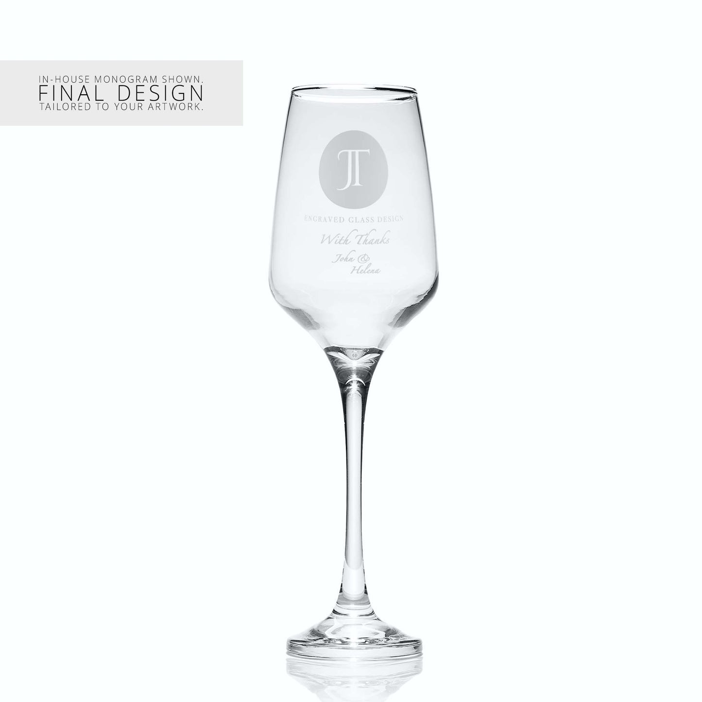 Prosecco glass with a corporate logo and a personalised engraved message on a white background
