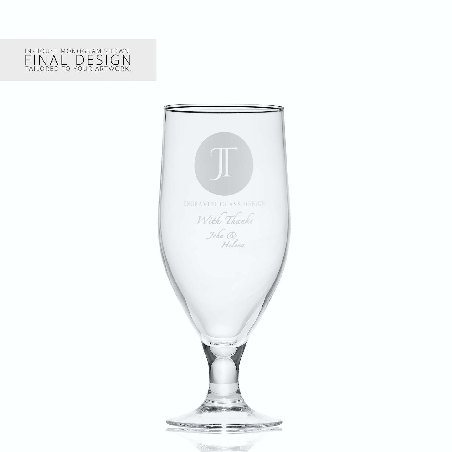 Stemmed beer glass with a corporate logo and a personalised engraved message on a white background