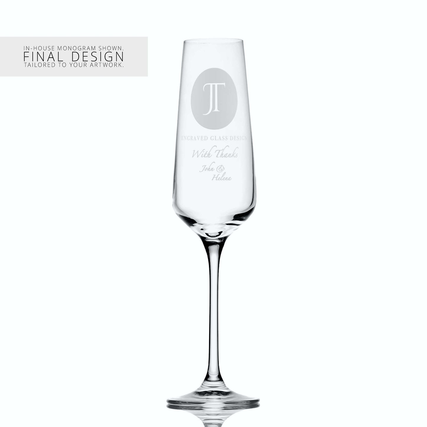Tall champagne flute with a corporate logo and a personalised engraved message on a white background