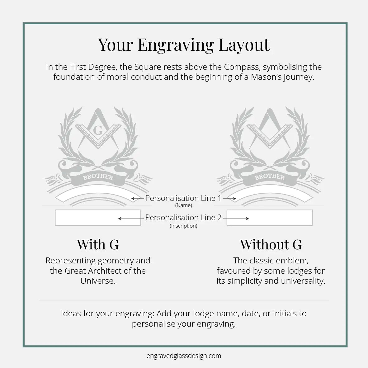 Masonic emblem engraving layout with personalisation options on a white background