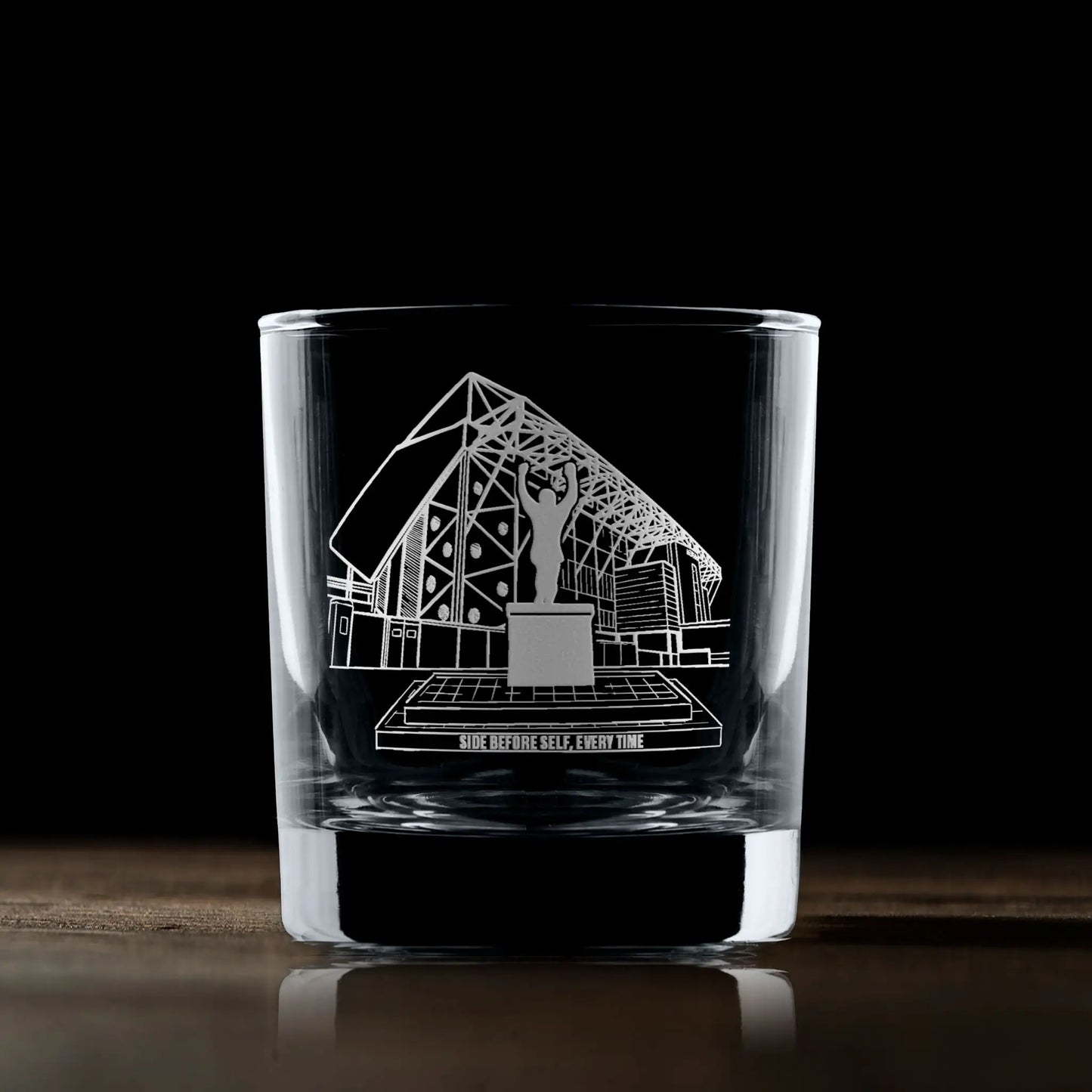Engraved whisky glass line-art design of Elland Road stadium façade with space beneath for your own message
