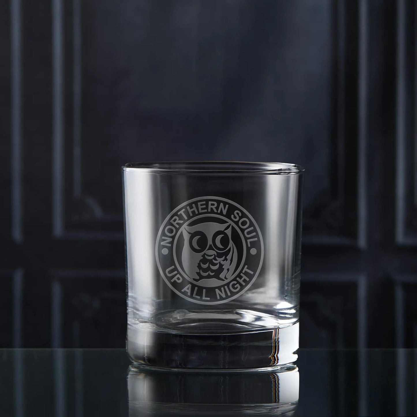 Northern Soul night owl whisky glass with “Up All Night” patch design and circular text