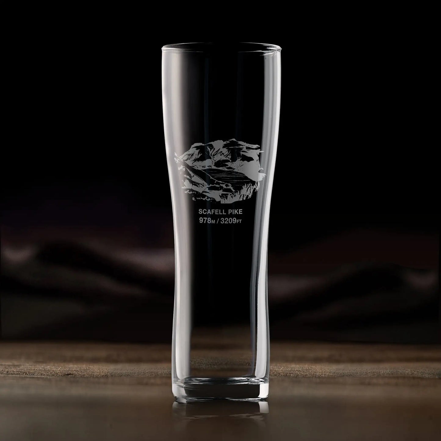 Tall pint glass engraved with Scafell Pike, the highest mountain in England and personalised text