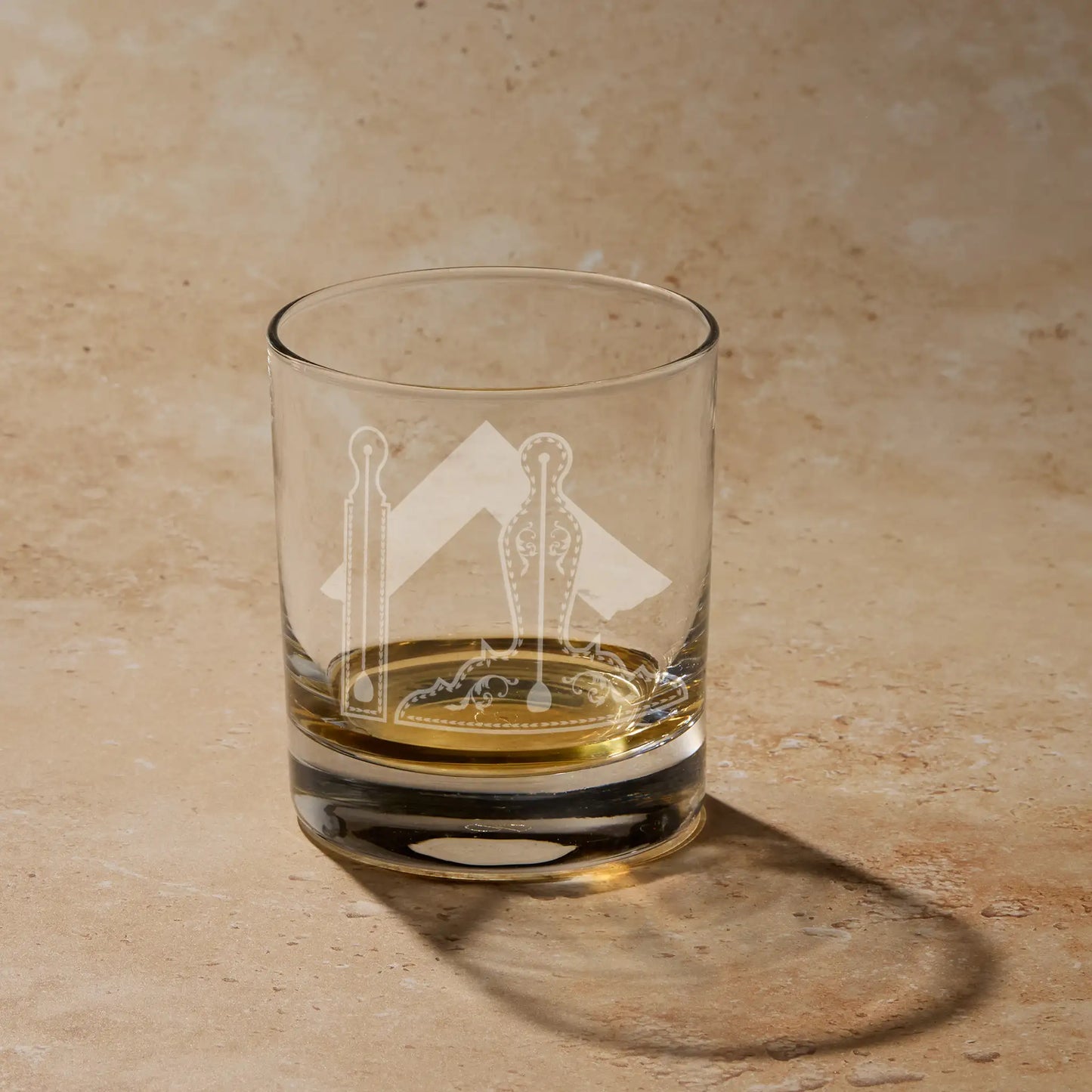 Whisky glass engraved with the Masonic 2nd degree working tools - Square, Level and Plumb Rule