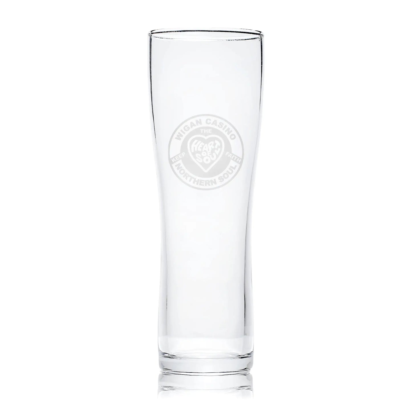 Northern Soul pint glass engraved with wigan casino patch and Keep The Faith text